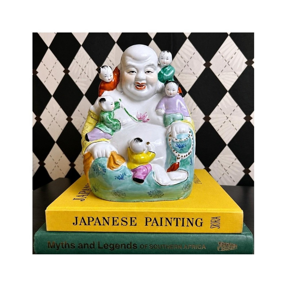 Large Laughing Buddha Vintage Chinese Famille Rose 5 Children Figurine Porcelain